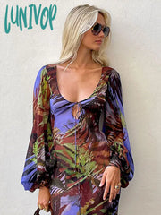Lunivop Retro Purple Print Long Sleeve Low Collar Straight Dress Summer Women Sexy Hollow Out High