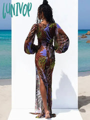 Lunivop Retro Purple Print Long Sleeve Low Collar Straight Dress Summer Women Sexy Hollow Out High