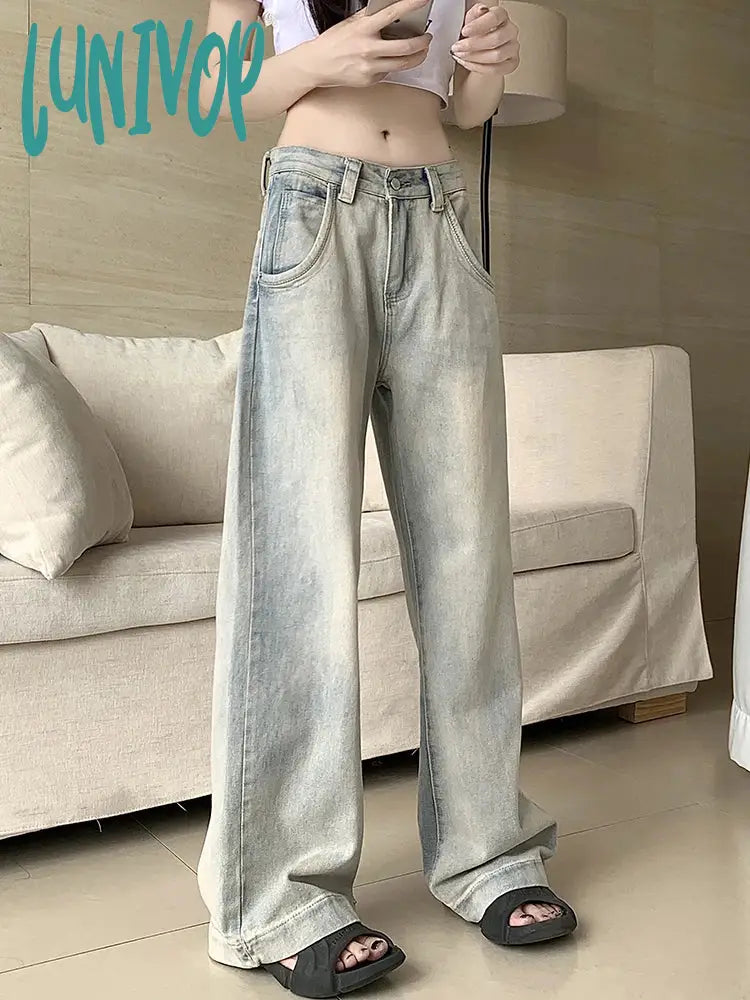 Lunivop Retro Y2K Baggy Jeans For Women Low Waist Wide Leg Denim With Pocket Casual Cargo Pants