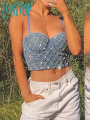 Lunivop Rhinestone Elastic Denim Corset Tops Women Summer Sleeveless Body Shaping Crop Cami Blue