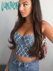 Lunivop Rhinestone Elastic Denim Corset Tops Women Summer Sleeveless Body Shaping Crop Cami Blue