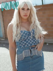Lunivop Rhinestone Elastic Denim Corset Tops Women Summer Sleeveless Body Shaping Crop Cami Blue