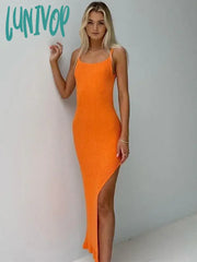 Lunivop Ribbed Knitted Sexy Club Backless Split Maxi Dress For Women Summer Holiday Sleeveless