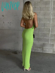 Lunivop Ribbed Knitted Sexy Club Backless Split Maxi Dress For Women Summer Holiday Sleeveless