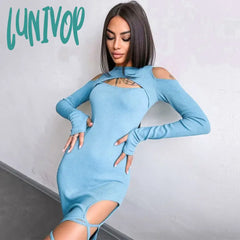 Lunivop Ribber Hollow Out Long Sleeve Midi Bodycon Dress Women Autumn Sexy Off Shoulder Tie Up