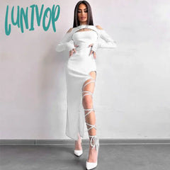 Lunivop Ribber Hollow Out Long Sleeve Midi Bodycon Dress Women Autumn Sexy Off Shoulder Tie Up