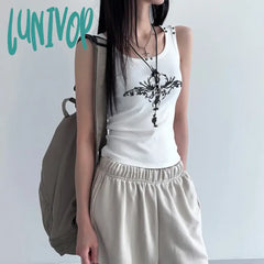 Lunivop Rivet Gothic Print Graphic Tank Top Street Wear Grunge Y2K Clothes White Ribbed Sleeveless