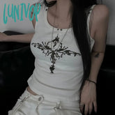 Lunivop Rivet Gothic Print Graphic Tank Top Street Wear Grunge Y2K Clothes White Ribbed Sleeveless