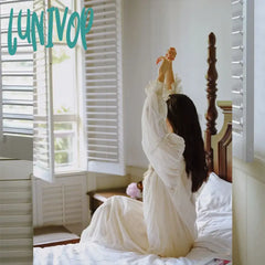 Lunivop Romanic Night Dress Women Spring Summer Mesh Long Robe Sleepwear Princess Nightwear Cotton