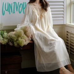 Lunivop Romanic Night Dress Women Spring Summer Mesh Long Robe Sleepwear Princess Nightwear Cotton