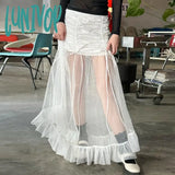 Lunivop Romantic and Sexy Perspective Mesh Splicing Flowing Half Skirt Spicy Girl Beautiful Pleated Lace up Fairy Long Skirt for Women