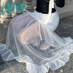 Lunivop Romantic And Sexy Perspective Mesh Splicing Flowing Half Skirt Spicy Girl Beautiful Pleated