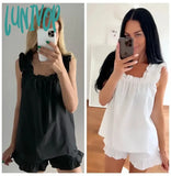Lunivop Ruched New Sleepwear Women’s Cotton White Sleeveless Pajama Sexy Backless Summer Suit For