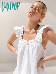Lunivop Ruched New Sleepwear Women’s Cotton White Sleeveless Pajama Sexy Backless Summer Suit For