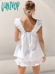 Lunivop Ruched New Sleepwear Women’s Cotton White Sleeveless Pajama Sexy Backless Summer Suit For