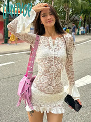 Lunivop Ruffle Lace Dress For Women Off Shoulder Bandage See Through Mini Dresses Girls Summer