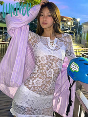 Lunivop Ruffle Lace Dress For Women Off Shoulder Bandage See Through Mini Dresses Girls Summer