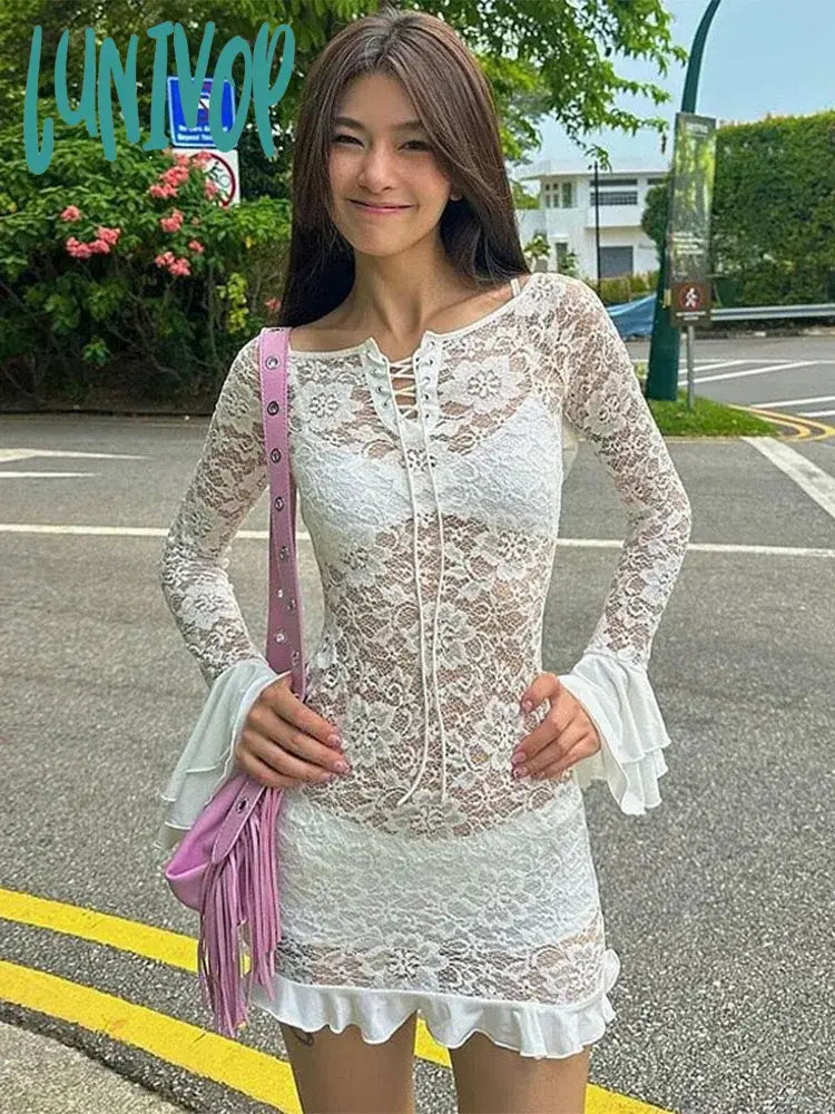 Lunivop Ruffle Lace Dress For Women Off Shoulder Bandage See Through Mini Dresses Girls Summer
