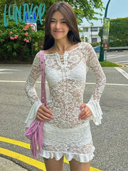 Lunivop Ruffle Lace Dress For Women Off Shoulder Bandage See Through Mini Dresses Girls Summer