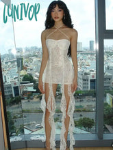 Lunivop Ruffle Lace Dress Sets Women Sexy Shoulder Slim Crop Top Ladies Beach Sundress Bodycon