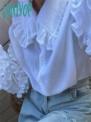 Lunivop Ruffle Loose Women Shirts 2024 Cotton Long Sleeve Elegant White Tshirt Ladies Street Casual