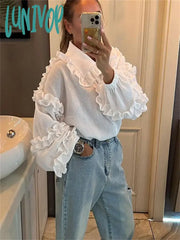 Lunivop Ruffle Loose Women Shirts 2024 Cotton Long Sleeve Elegant White Tshirt Ladies Street Casual