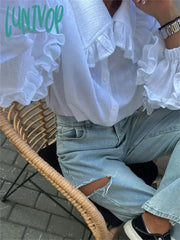 Lunivop Ruffle Loose Women Shirts 2024 Cotton Long Sleeve Elegant White Tshirt Ladies Street Casual