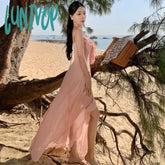 Lunivop Ruffled Summer Women’s Fairycore Evening Dresses Dance Party Lace Up Clothing Pink V-Neck