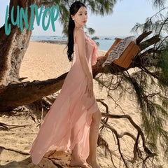 Lunivop Ruffled Summer Women’s Fairycore Evening Dresses Dance Party Lace Up Clothing Pink V-Neck