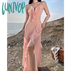 Lunivop Ruffled Summer Women’s Fairycore Evening Dresses Dance Party Lace Up Clothing Pink V-Neck