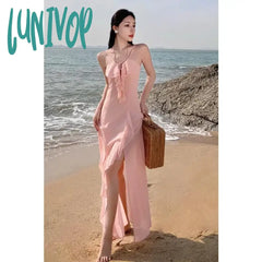 Lunivop Ruffled Summer Women’s Fairycore Evening Dresses Dance Party Lace Up Clothing Pink V-Neck