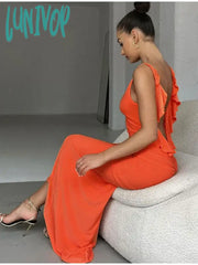Lunivop Ruffles Backless Maxi Dress Women Sexy Spaghetti Strap Pleated Club Hip Package Female