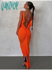 Lunivop Ruffles Backless Maxi Dress Women Sexy Spaghetti Strap Pleated Club Hip Package Female