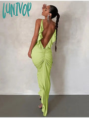 Lunivop Ruffles Backless Maxi Dress Women Sexy Spaghetti Strap Pleated Club Hip Package Female