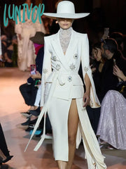 Lunivop Runway Winter Sexy Long Sleeve White Beading Women Coat High Street Night Club Party Jackets