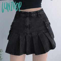 Lunivop S-4Xl Y2K Cargo Denim Skirts Women Pleated A Line Jeans Mini Skirt Vintage Harajuku