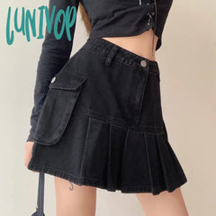 Lunivop S-4Xl Y2K Cargo Denim Skirts Women Pleated A Line Jeans Mini Skirt Vintage Harajuku