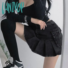 Lunivop S-4Xl Y2K Cargo Denim Skirts Women Pleated A Line Jeans Mini Skirt Vintage Harajuku