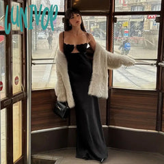 Lunivop Satin Bandage Dress Women Hollow Out Sleeveless Slim Long Dresses Femme Summer Party