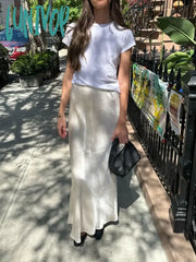 Lunivop Satin Loose Lace-Up Black Skirt Long For Women Casual High Waist Female Skirts Solid