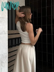 Lunivop Satin Loose Lace-Up Black Skirt Long For Women Casual High Waist Female Skirts Solid