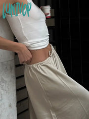 Lunivop Satin Loose Lace-Up Black Skirt Long For Women Casual High Waist Female Skirts Solid