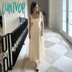 Lunivop Satin Suspender Maxi Dress For Women Ruched Splice Sexy Elegant Sleeveless Club Party