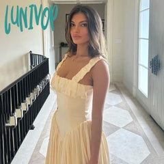 Lunivop Satin Suspender Maxi Dress For Women Ruched Splice Sexy Elegant Sleeveless Club Party