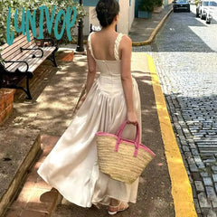 Lunivop Satin Suspender Maxi Dress For Women Ruched Splice Sexy Elegant Sleeveless Club Party