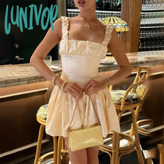 Lunivop Satin Suspender Mini Dress For Women Ball Gown Splice Sexy Sleeveless Ruched Solid Summer