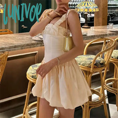 Lunivop Satin Suspender Mini Dress For Women Ball Gown Splice Sexy Sleeveless Ruched Solid Summer