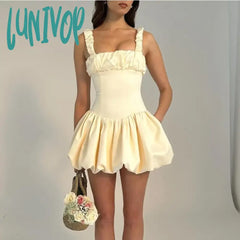 Lunivop Satin Suspender Mini Dress For Women Ball Gown Splice Sexy Sleeveless Ruched Solid Summer