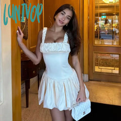 Lunivop Satin Suspender Mini Dress For Women Ball Gown Splice Sexy Sleeveless Ruched Solid Summer