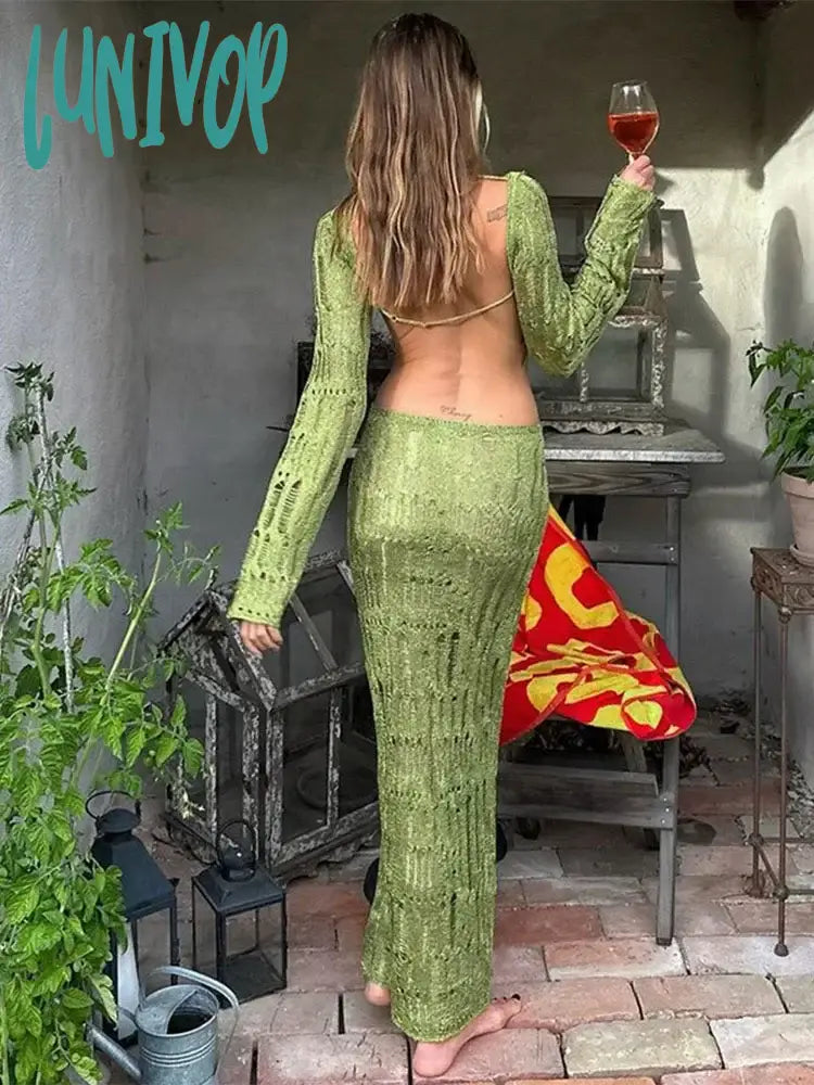 Lunivop See Through Backless Sexy Dress For Women Summer Hollow Out Kintted Maxi Dresses Femme Club